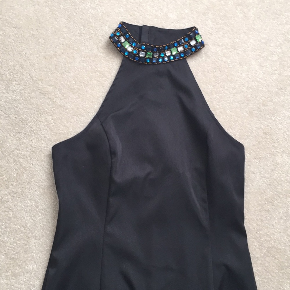 Black cocktail dress with rhinestone detail